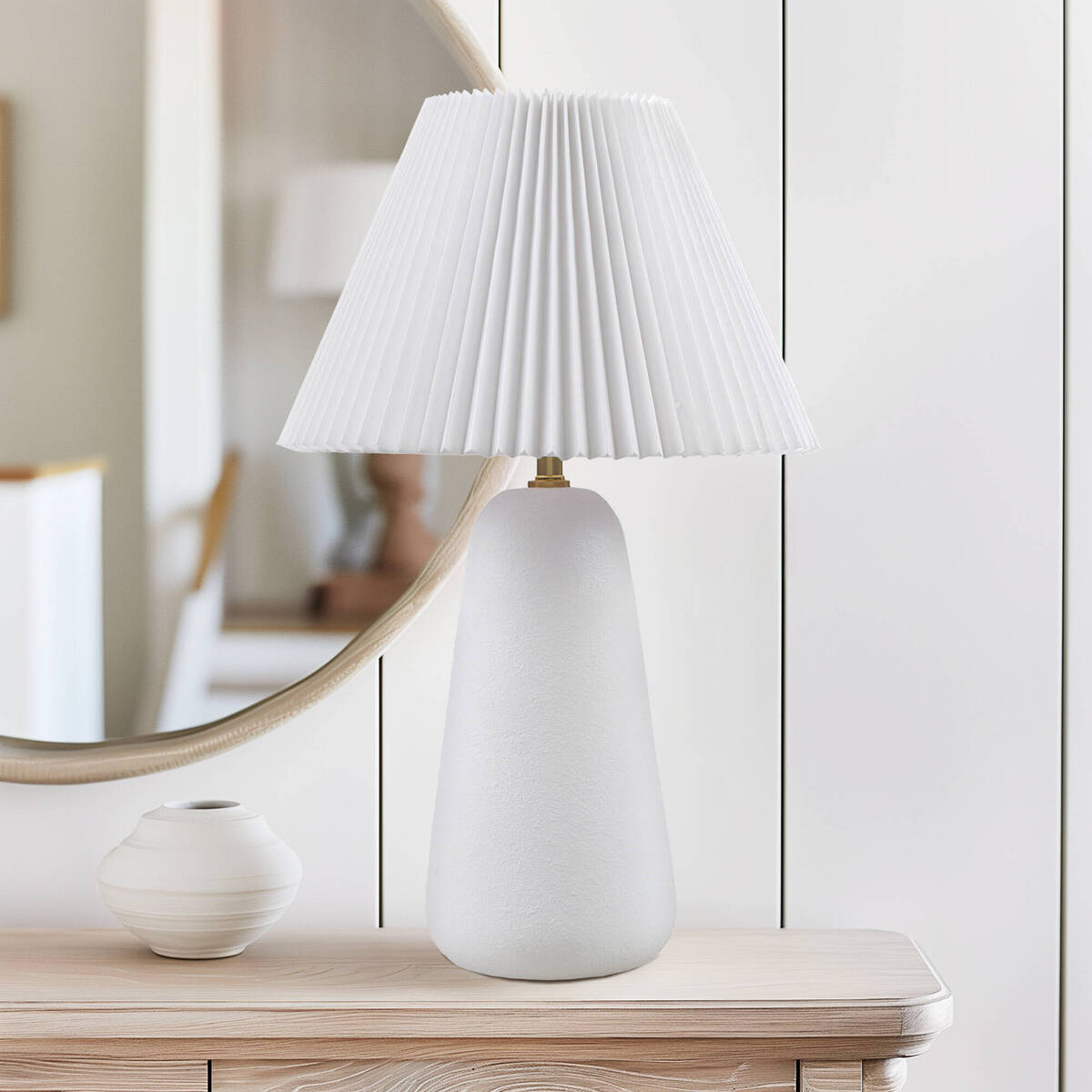 Textured Ceramic Table Lamp with Fluted Fabric Shade - White