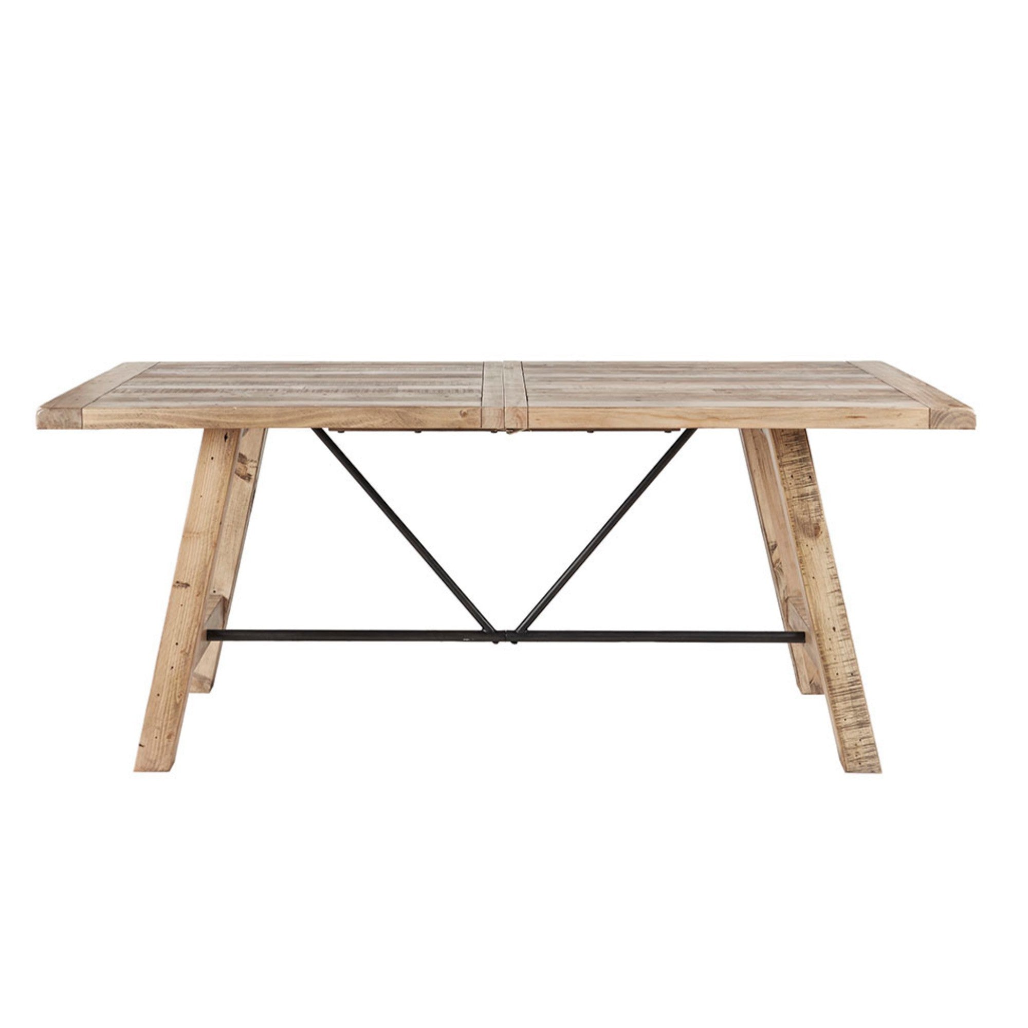 Rustic Dining Table with Metal Support in Natural Pine Wood Finish