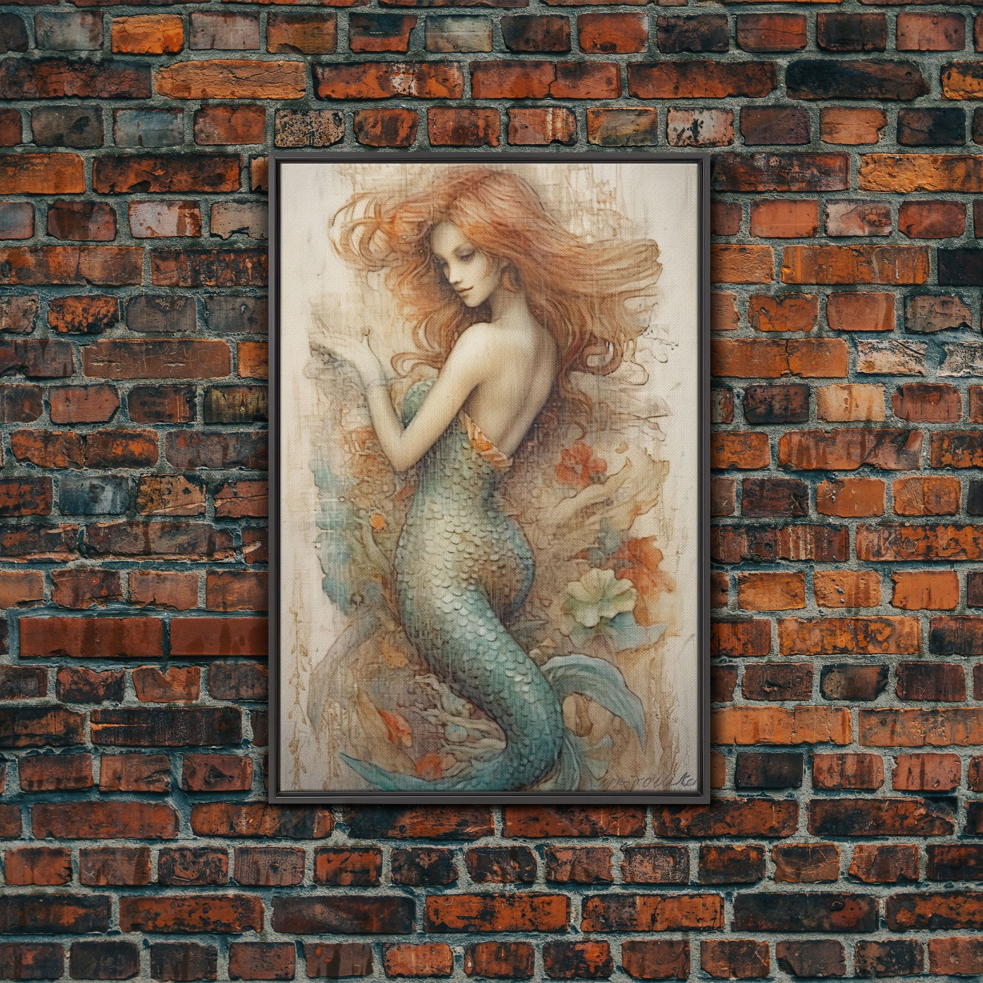 Fancy Mermaid Wall Art, 24" x 36" Canvas Print, French Style Poster Wall Art, Vintage Wall Hanging, Coastal Bathroom Decor