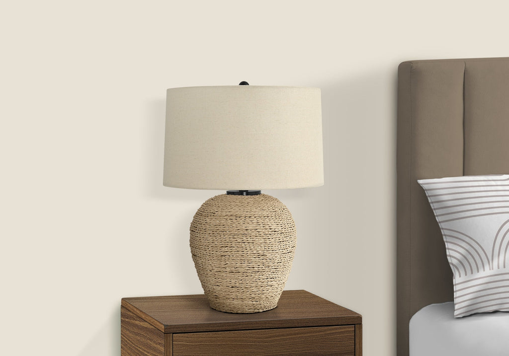 25" Table Lamp with Rattan Base and Linen Drum Shade