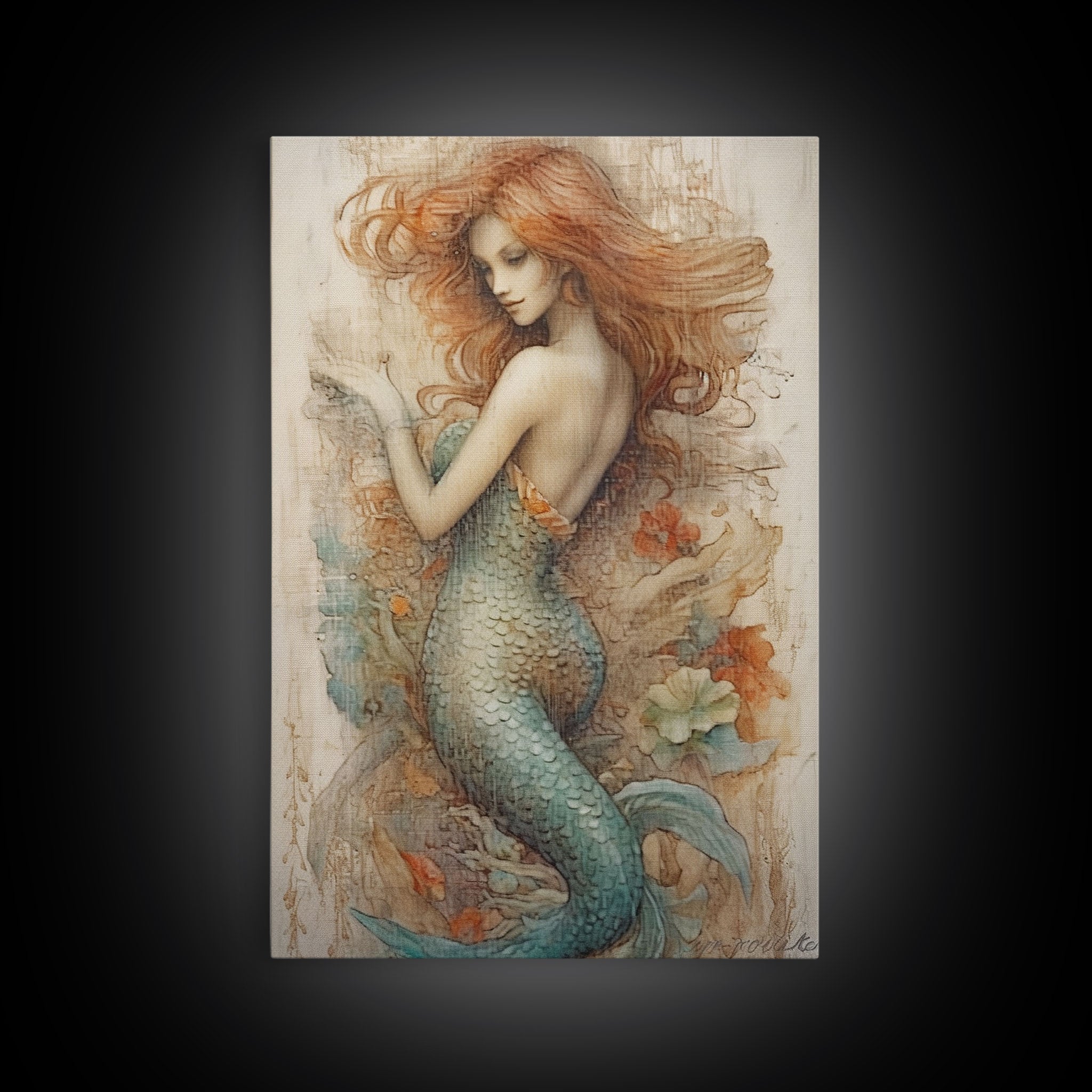 Fancy Mermaid Wall Art, 24" x 36" Canvas Print, French Style Poster Wall Art, Vintage Wall Hanging, Coastal Bathroom Decor
