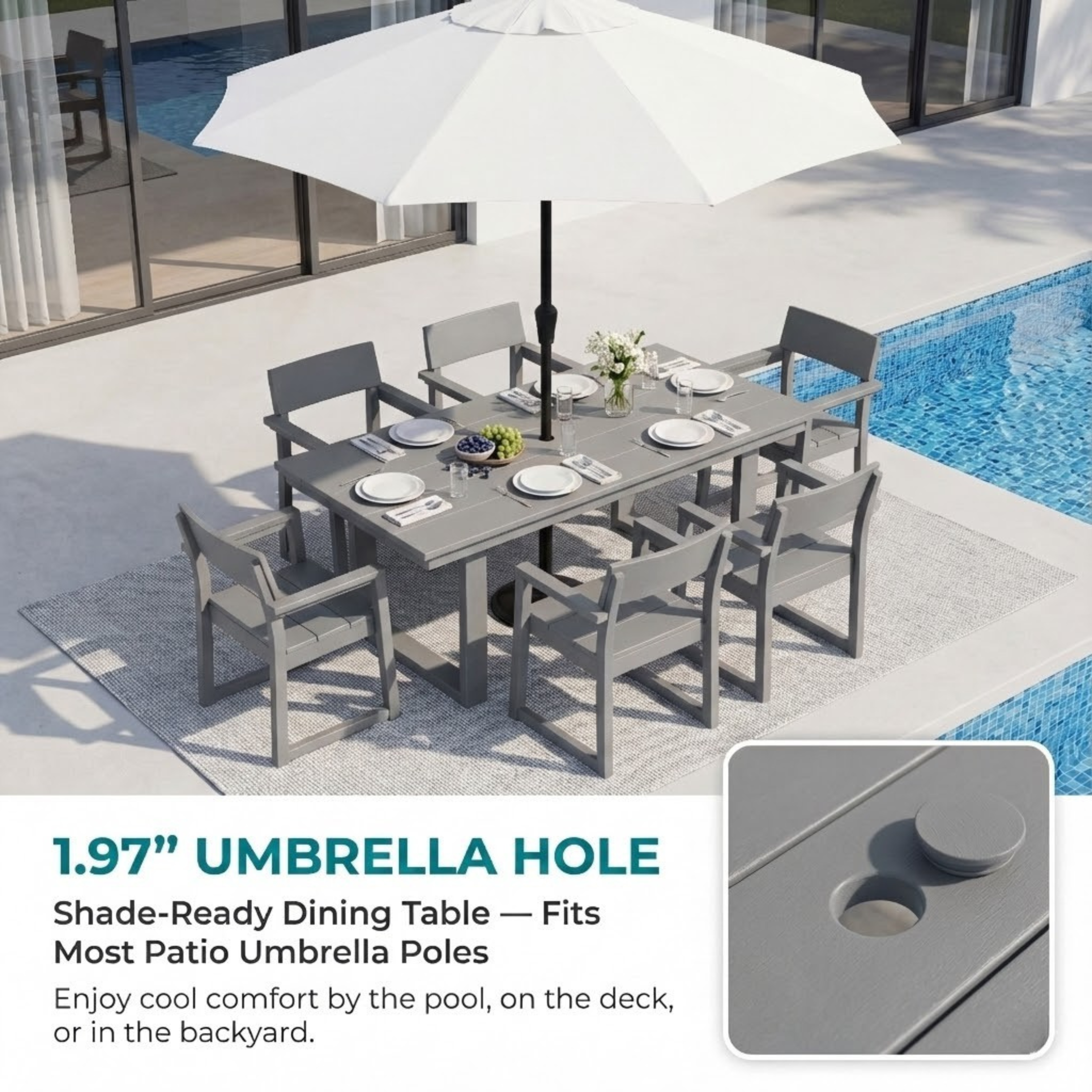 7-Piece HDPE Outdoor Dining Set for 6 – Weather-Resistant Patio Table with Umbrella Hole (Grey)